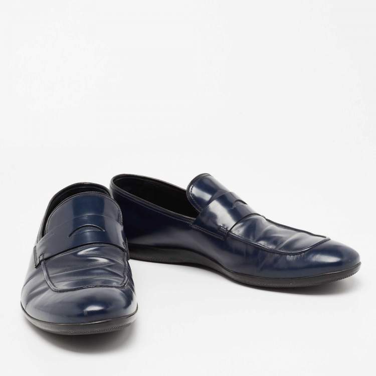 Pre Owned Prada Navy Blue Leather Penny Slip On Loafers Size 44.5