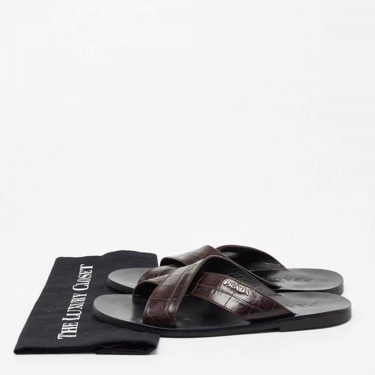 Pre Owned Prada Brown Croc Embossed Leather Crisscross Flat Sandals Size 40