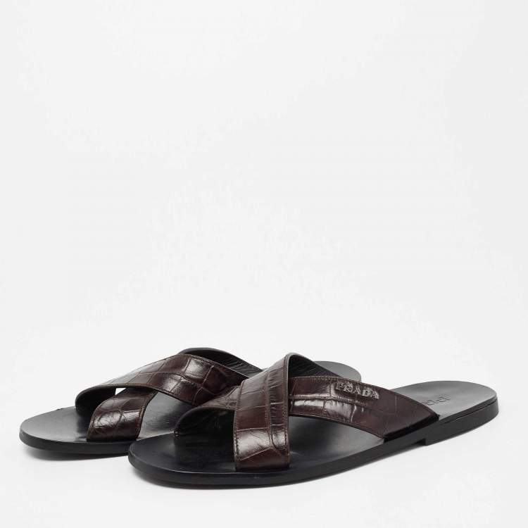 Pre Owned Prada Brown Croc Embossed Leather Crisscross Flat Sandals Size 40