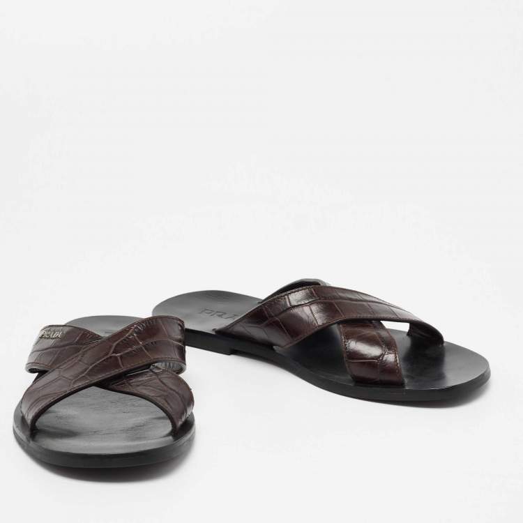 Pre Owned Prada Brown Croc Embossed Leather Crisscross Flat Sandals Size 40