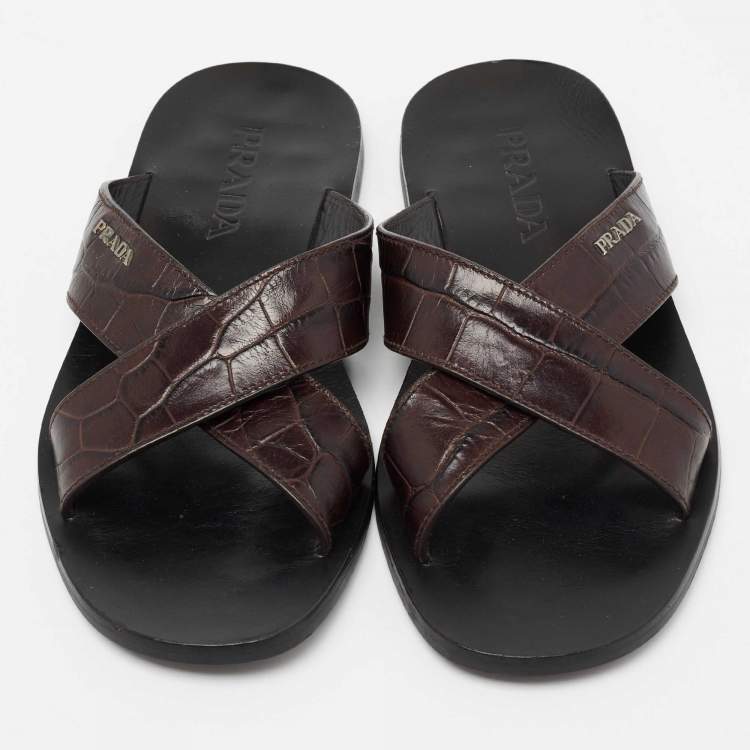 Pre Owned Prada Brown Croc Embossed Leather Crisscross Flat Sandals Size 40