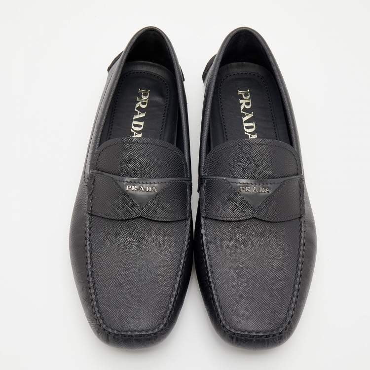 Pre Owned Prada Black Saffiano Leather Slip on Loafers Size 40.5