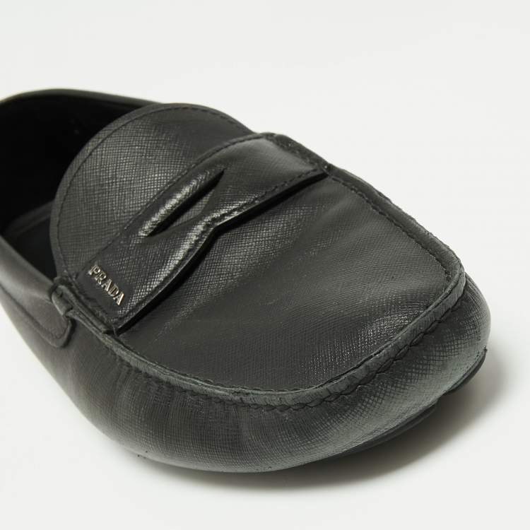 Pre Owned Prada Black Saffiano Leather Slip On Loafers Size 46