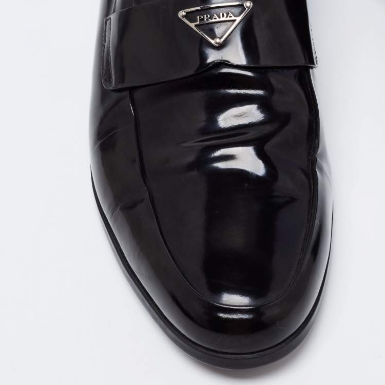 Pre Owned Prada Black Leather Logo Plaque Loafers Size 43