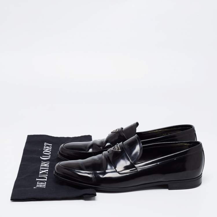 Pre Owned Prada Black Leather Logo Plaque Loafers Size 43