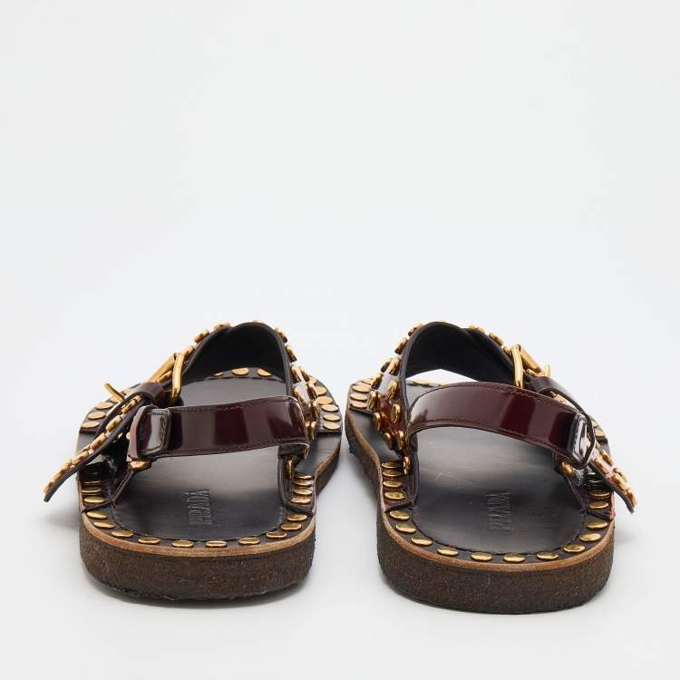 Pre Owned Prada Two Tone Leather Studded Criss Cross Flat Sandals Size 44.5