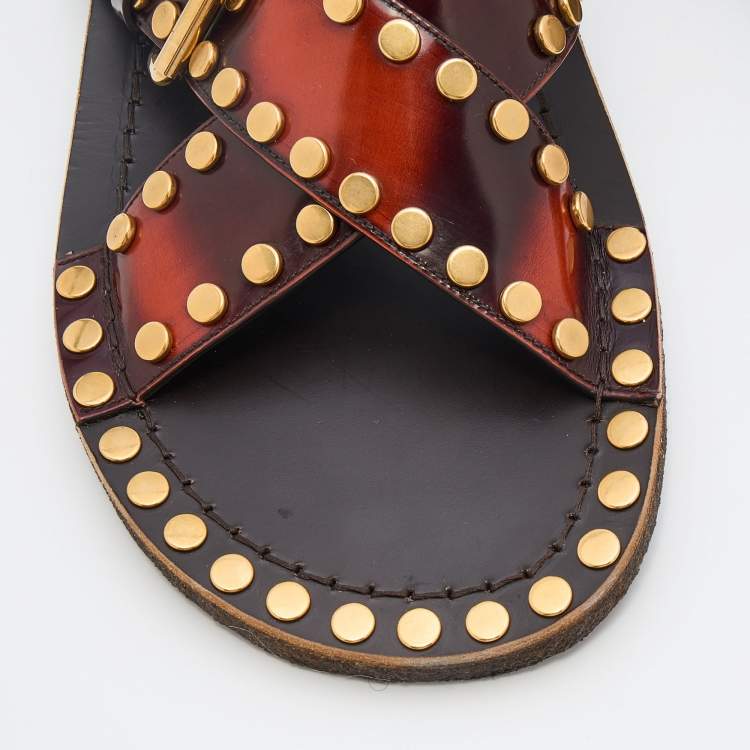 Pre Owned Prada Two Tone Leather Studded Criss Cross Flat Sandals Size 44.5