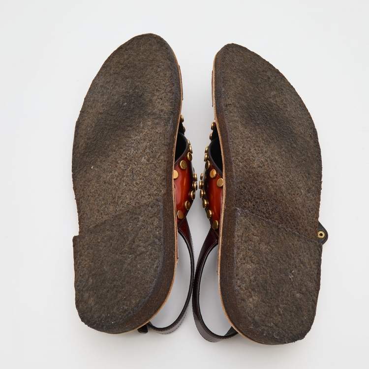 Pre Owned Prada Two Tone Leather Studded Criss Cross Flat Sandals Size 44.5