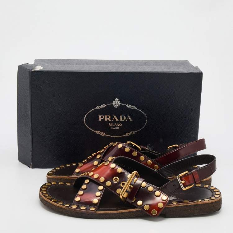 Pre Owned Prada Two Tone Leather Studded Criss Cross Flat Sandals Size 44.5