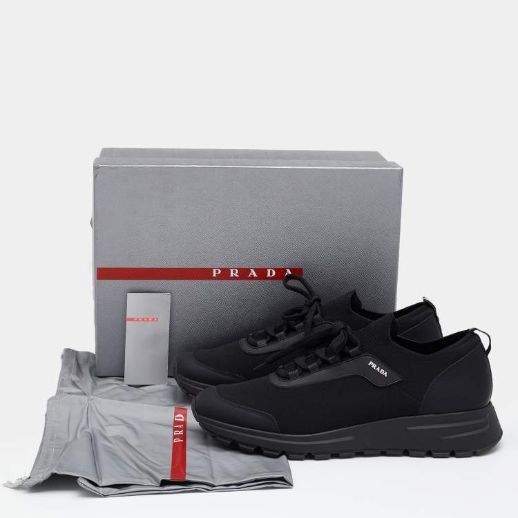 Pre Owned Prada Black Stretch Knit and Leather Prax Low Top Sneakers Size 42