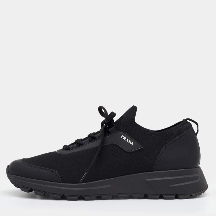 Pre Owned Prada Black Stretch Knit and Leather Prax Low Top Sneakers Size 42