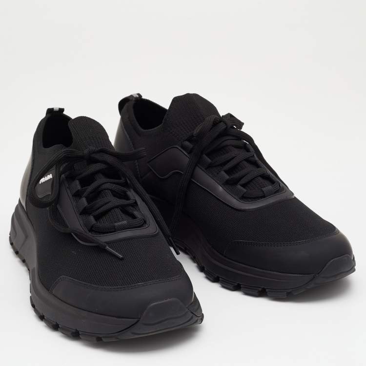 Pre Owned Prada Black Stretch Knit and Leather Prax Low Top Sneakers Size 42