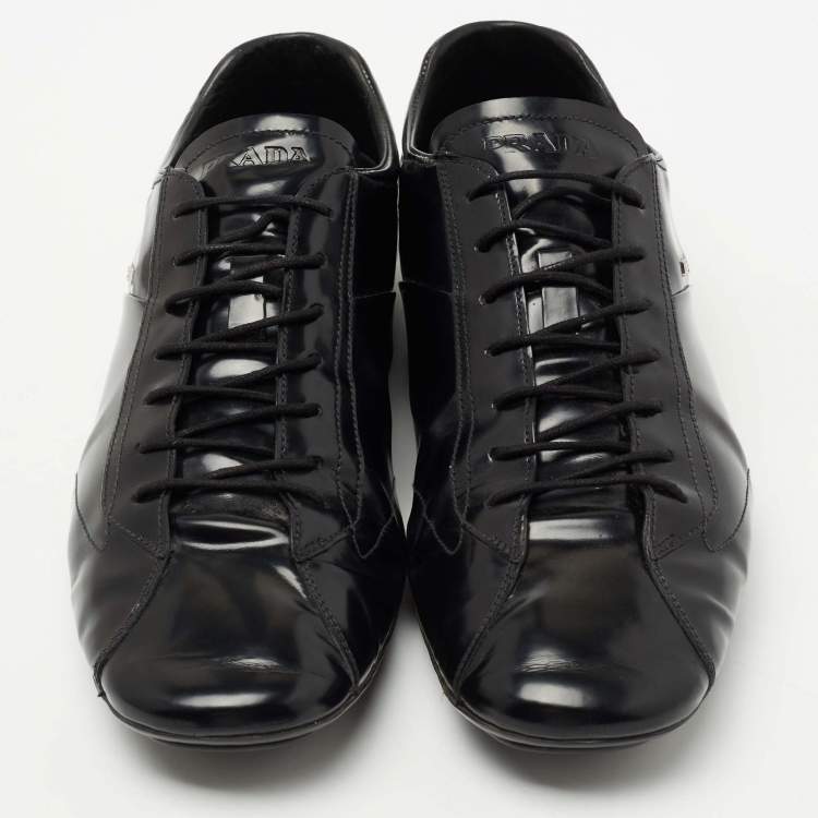 Pre Owned Prada Black Leather Lace Up Sneakers Size 43.5 