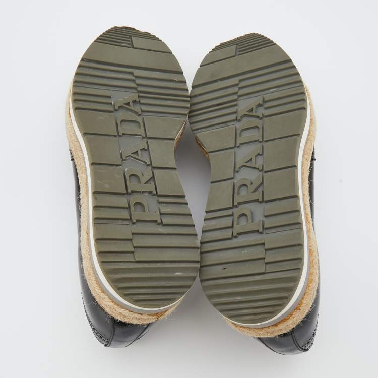 Pre Owned Prada Black Brogue Leather Wingtip Espadrille Platform Derby Size 45