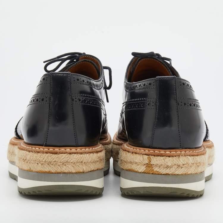Pre Owned Prada Black Brogue Leather Wingtip Espadrille Platform Derby Size 45