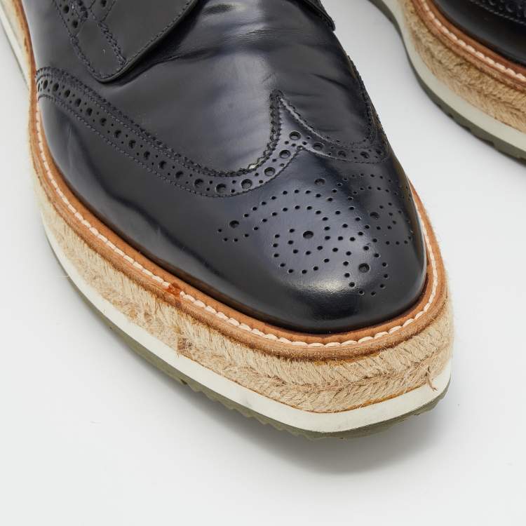 Pre Owned Prada Black Brogue Leather Wingtip Espadrille Platform Derby Size 45