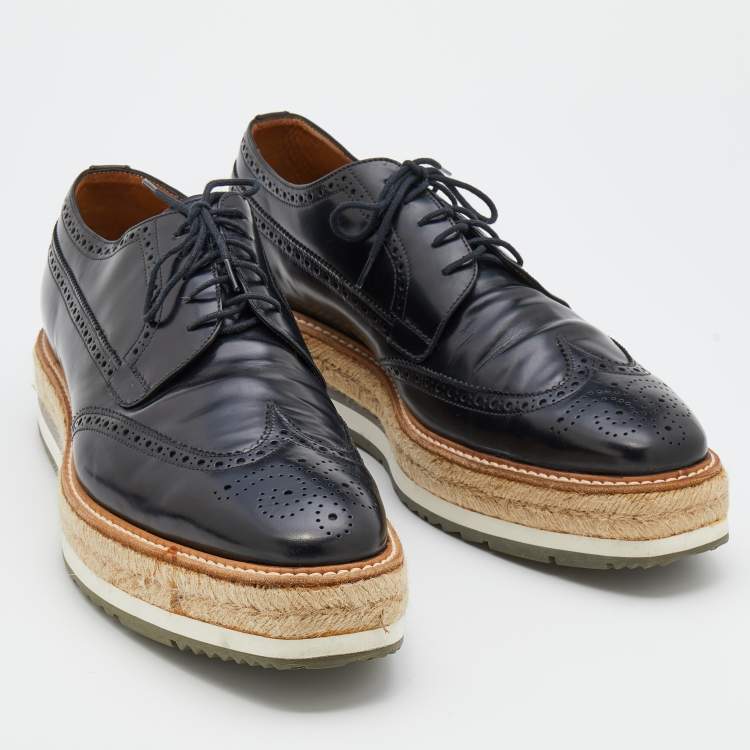Pre Owned Prada Black Brogue Leather Wingtip Espadrille Platform Derby Size 45
