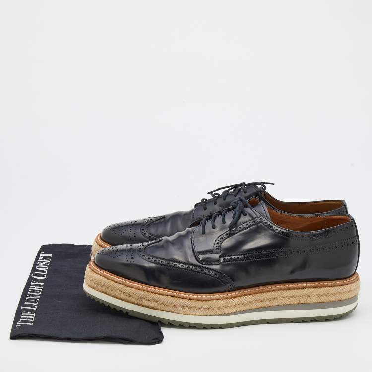 Pre Owned Prada Black Brogue Leather Wingtip Espadrille Platform Derby Size 45