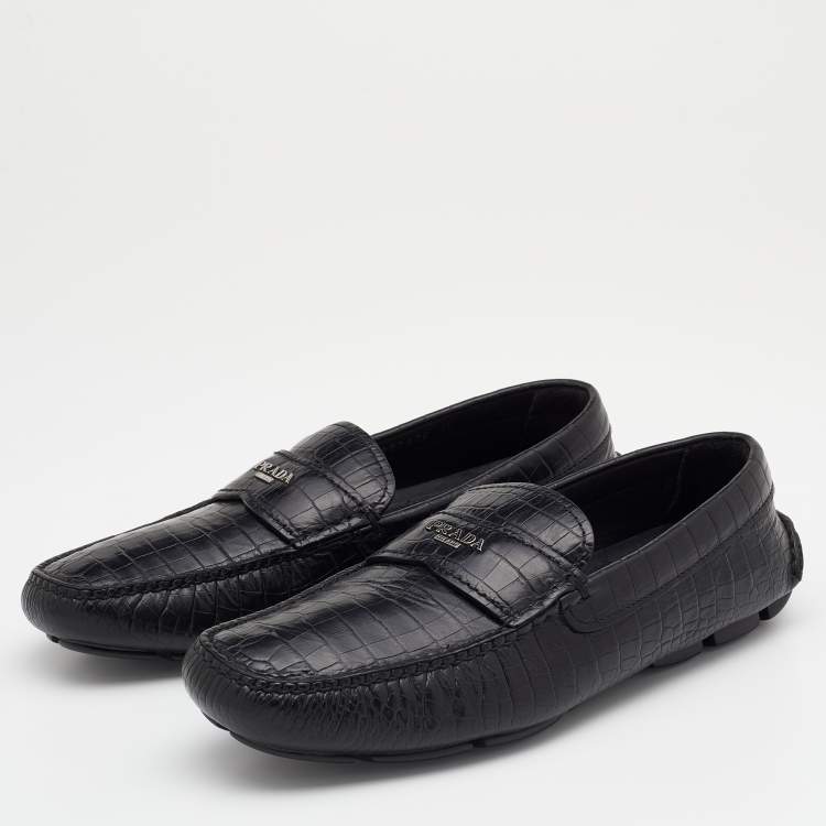 Pre Owned Prada Black Croc Embossed Leather Penny Slip On Loafers Size 39.5
