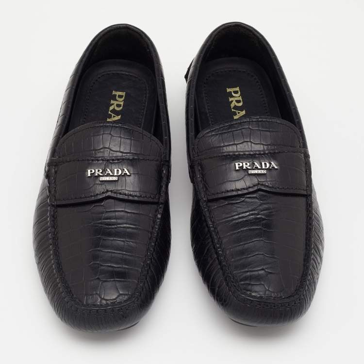 Pre Owned Prada Black Croc Embossed Leather Penny Slip On Loafers Size 39.5