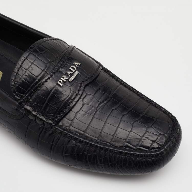 Pre Owned Prada Black Croc Embossed Leather Penny Slip On Loafers Size 39.5