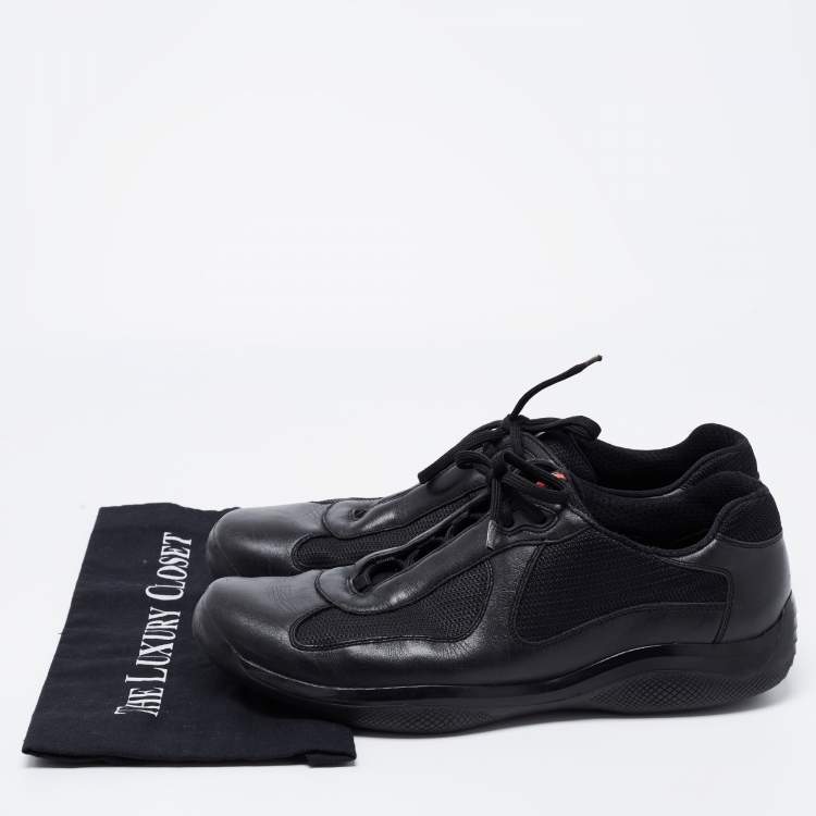 Pre Owned Prada Black Leather And Knit Fabric Low Top Sneakers Size 45