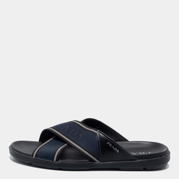 Prada Blue/Black Leather And Canvas Criss Cross Flat Slide Sandals Size 43  Prada | TLC