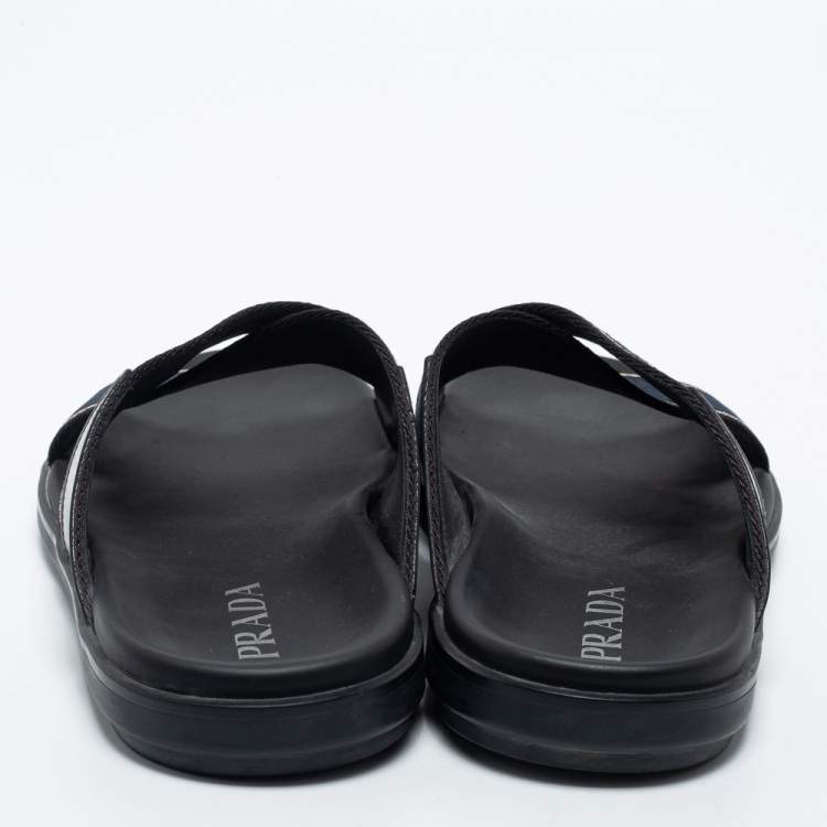 Pre Owned Prada Blue/Black Leather And Canvas Criss Cross Flat Slide Sandals Size 43