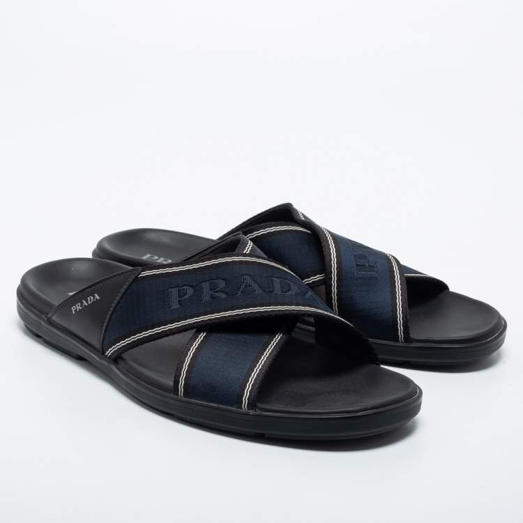 Pre Owned Prada Blue/Black Leather And Canvas Criss Cross Flat Slide Sandals Size 43