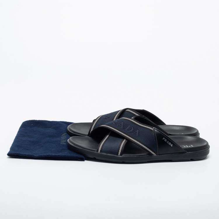 Pre Owned Prada Blue/Black Leather And Canvas Criss Cross Flat Slide Sandals Size 43