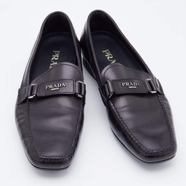 Pre Owned Prada Black Leather Slip On Loafers Size 41