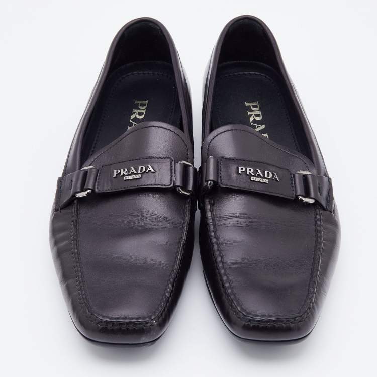 Pre Owned Prada Black Leather Slip On Loafers Size 41