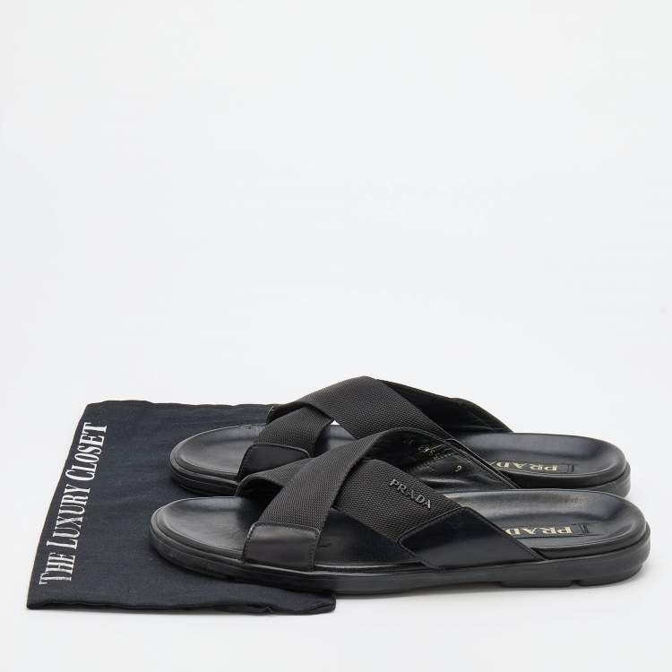 Pre Owned Prada Black leather and Nylon Crisscross Flat Slides Size 43
