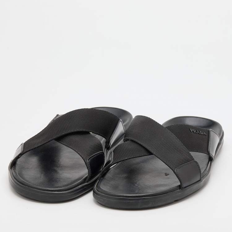 Prada Black leather and Nylon Crisscross Flat Slides Size 43 Prada | TLC