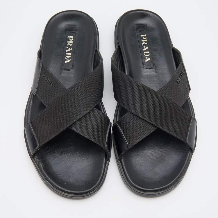 Pre Owned Prada Black leather and Nylon Crisscross Flat Slides Size 43