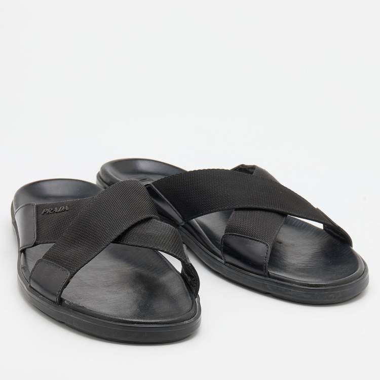 Pre Owned Prada Black leather and Nylon Crisscross Flat Slides Size 43