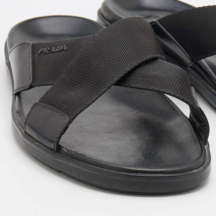 Pre Owned Prada Black leather and Nylon Crisscross Flat Slides Size 43