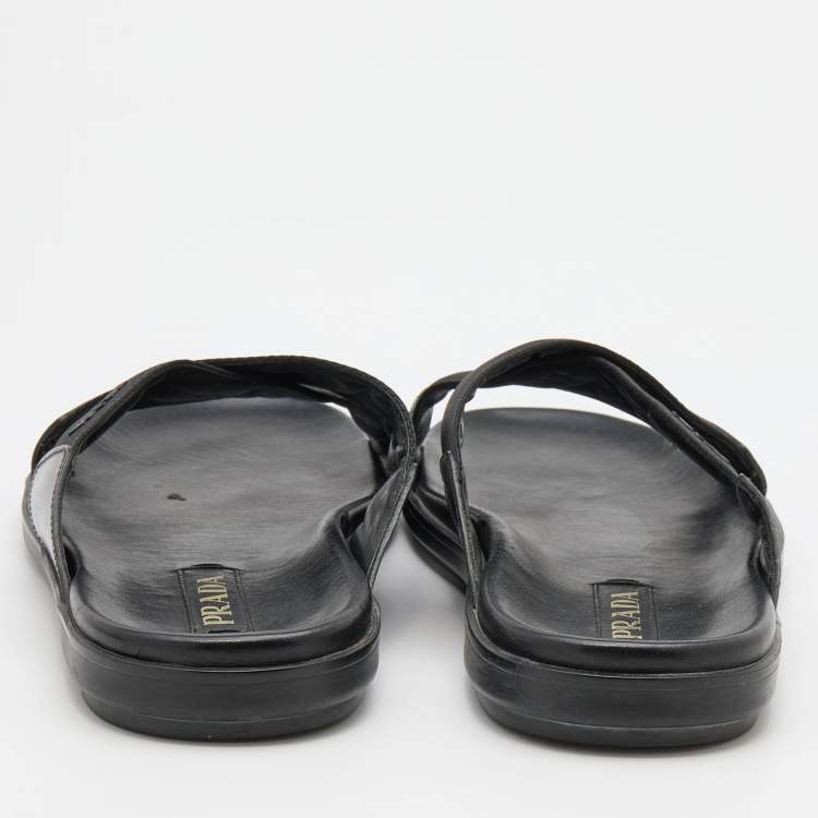 Pre Owned Prada Black leather and Nylon Crisscross Flat Slides Size 43