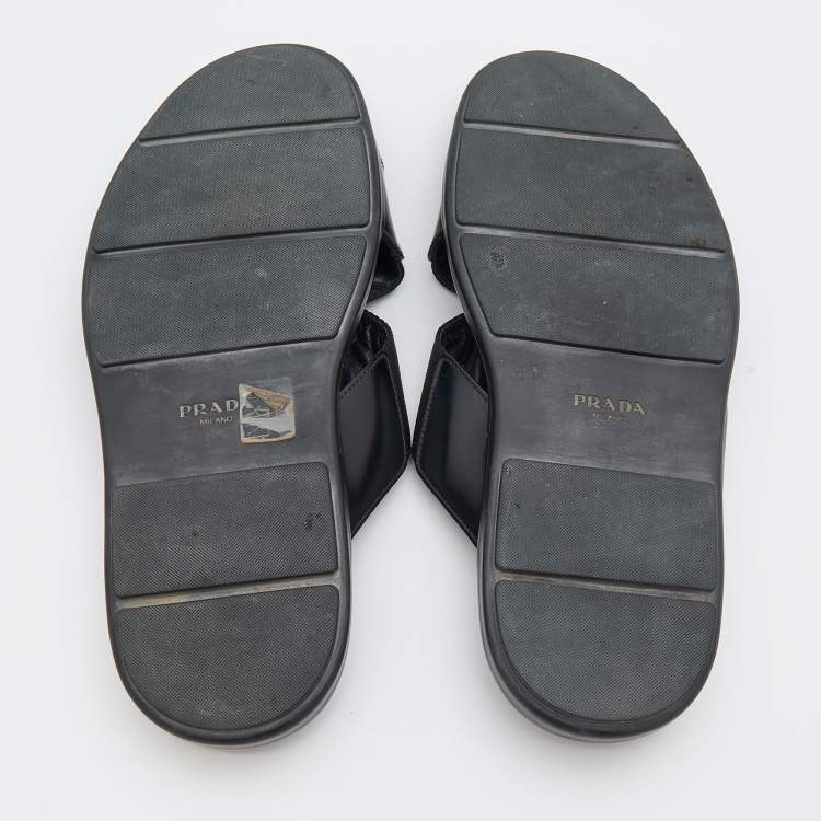 Pre Owned Prada Black leather and Nylon Crisscross Flat Slides Size 43