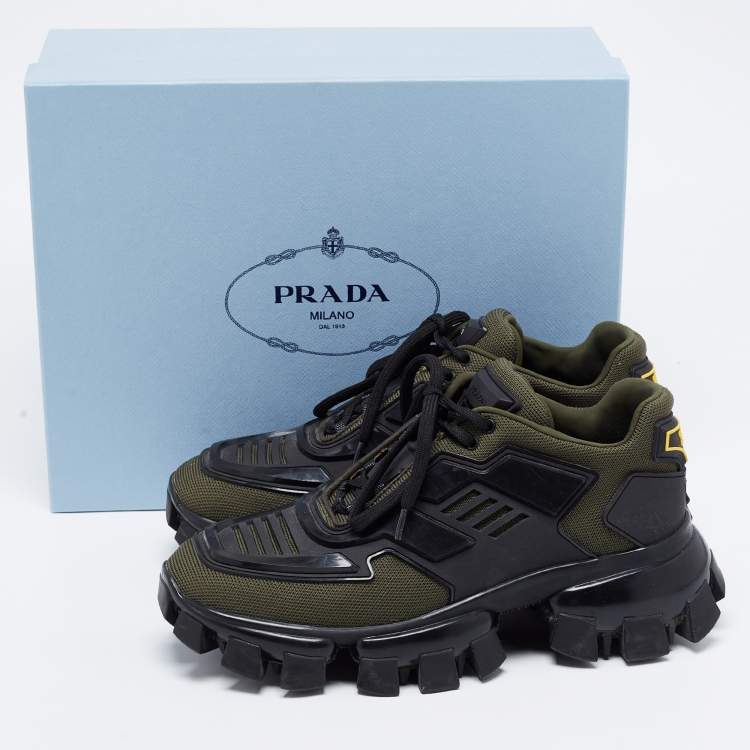 Pre Owned Prada Green Mesh And Rubber Cloudbust Thunder Low Top Sneakers Size 38.5
