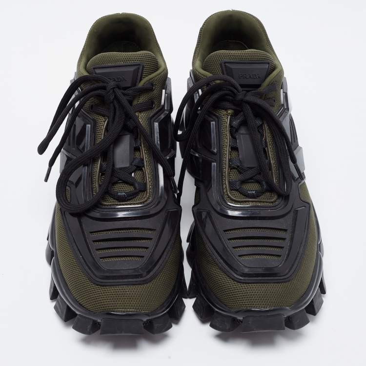 Pre Owned Prada Green Mesh And Rubber Cloudbust Thunder Low Top Sneakers Size 38.5