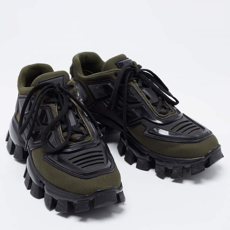Pre Owned Prada Green Mesh And Rubber Cloudbust Thunder Low Top Sneakers Size 38.5