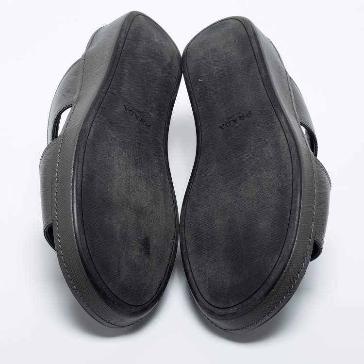 Pre Owned Prada Dark Grey Leather Buckle Slide Flat Sandals Size 44