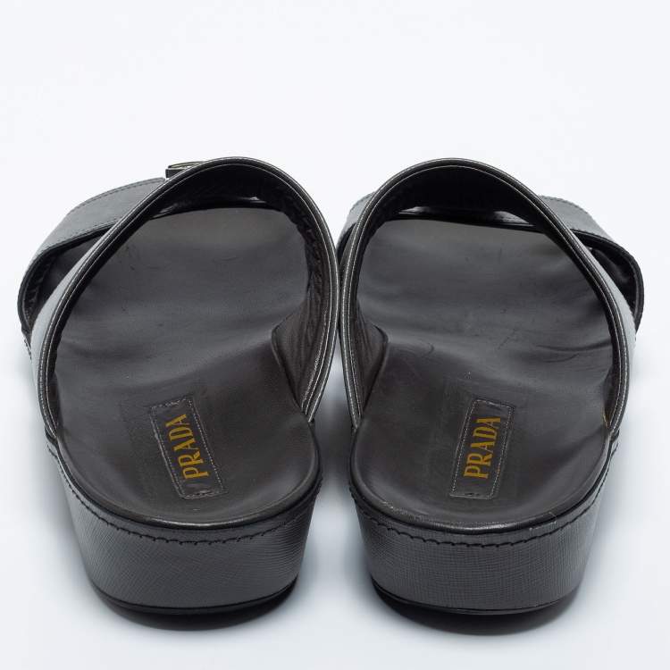 Pre Owned Prada Dark Grey Leather Buckle Slide Flat Sandals Size 44