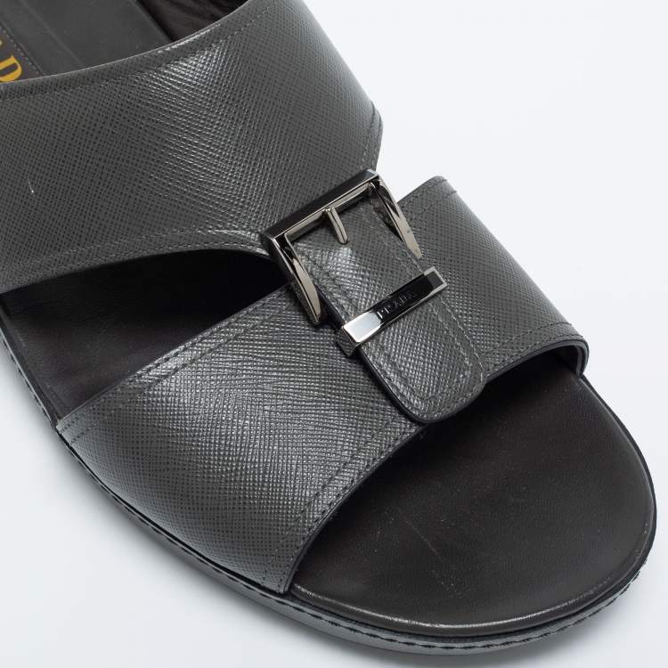 Pre Owned Prada Dark Grey Leather Buckle Slide Flat Sandals Size 44