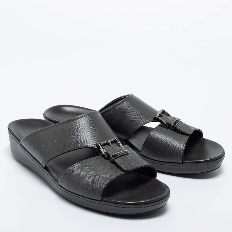 Pre Owned Prada Dark Grey Leather Buckle Slide Flat Sandals Size 44