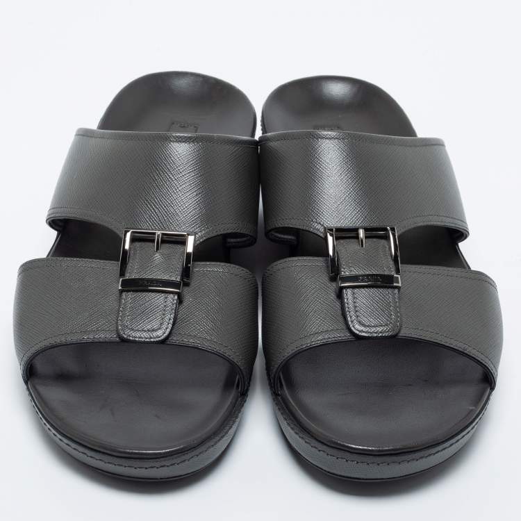 Pre Owned Prada Dark Grey Leather Buckle Slide Flat Sandals Size 44