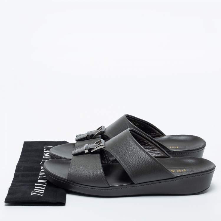 Pre Owned Prada Dark Grey Leather Buckle Slide Flat Sandals Size 44