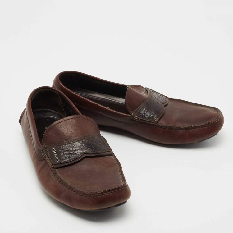 Pre Owned Prada Brown Leather Slip On Loafers Size 41
