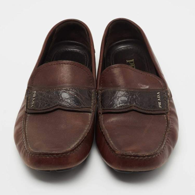 Pre Owned Prada Brown Leather Slip On Loafers Size 41